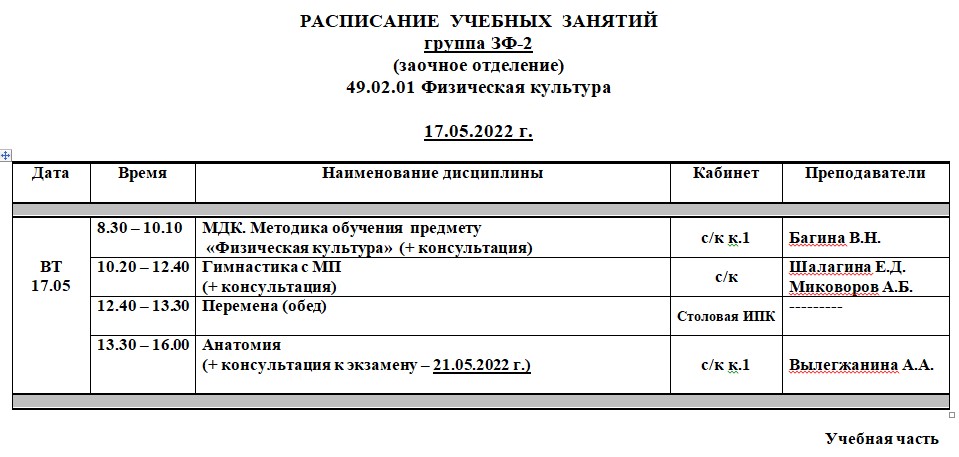 Расписание ЗФ-2 на 17.05.2022 г.