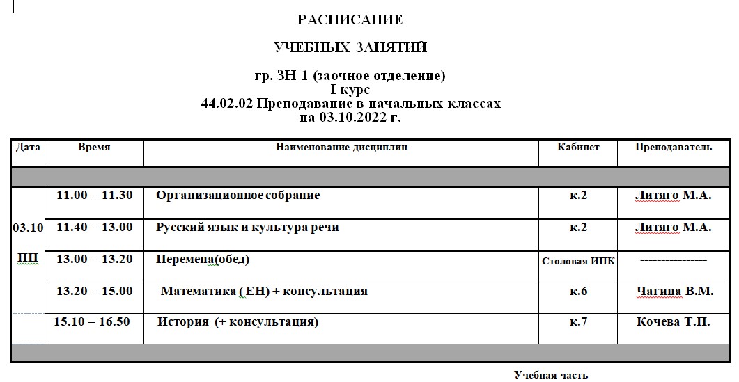 Расписание у. занятий гр. ЗН-1 от 03.10.2022