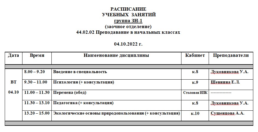 Расписание у. занятий гр. ЗН-1 от 04.10.2022